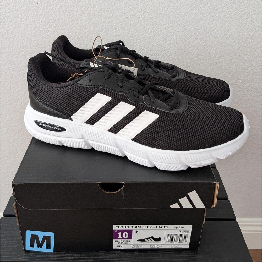 New Adidas Men's Cloudfoam Flex Sneaker Shoes Wide Fit Black White Size 10